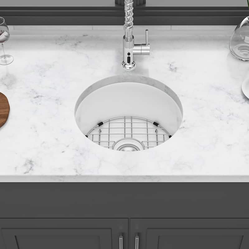 18'' Undermount Single Bowl Porcelain Fireclay Circular Kitchen Sink in White with Drain Assembly and Bottom Grid