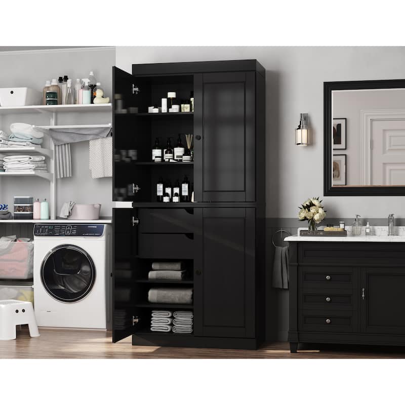 Solid Wood Tall Freestanding Bathroom Linen Cabinet with Doors & 2 Drawers, Adjustable Shelves, Modular Storage, 32" W x 71.5" H - Black