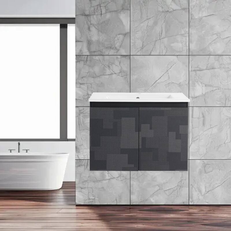 24 Inch Wall-Mounted Vanity with Ceramic Sink, Soft-Close Hinges & Triple Doors for Bathrooms - Tetris