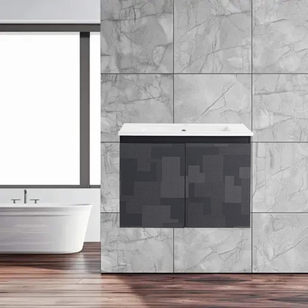 24 Inch Wall-Mounted Vanity with Ceramic Sink, Soft-Close Hinges & Triple Doors for Bathrooms