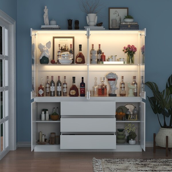 Display Case,Bar Storage Cabinet with Glass Doors & 3-Drawers & Lights - 47.2"W x 70.9"H