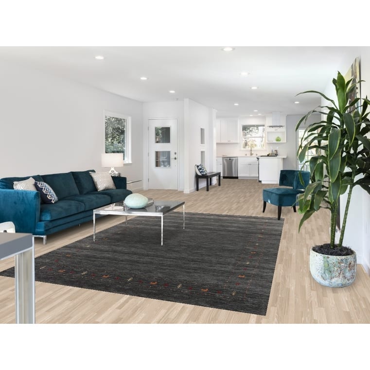 Tribal Green Gabbeh Indian Area Rug Handmade Wool Carpet - 6'8"x 9'9"