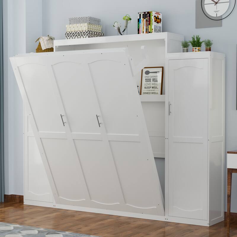 Full/Queen Size Murphy Bed, Wood Wall Murphy Bed with Two Closets and Shelves, Foldable Platform Bed Frame with Wooden Slats