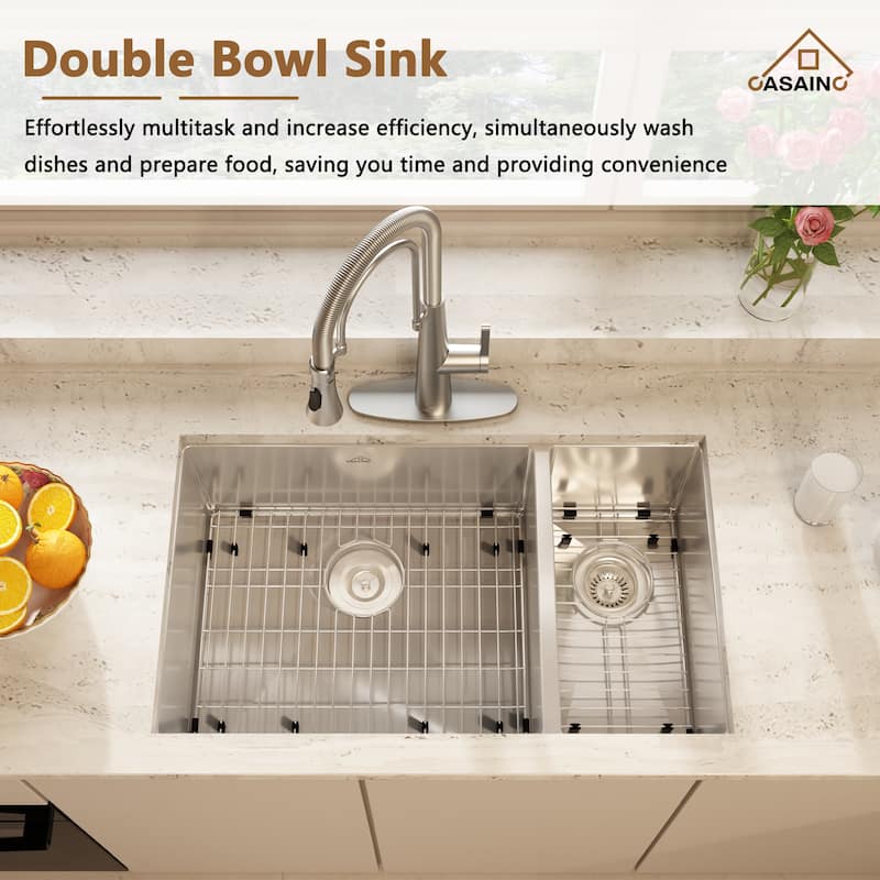 Handmade Undermount 60/40 Double Bowl 18 Gauge Stainless Steel Kitchen Sink with Bottom Grids and Basket Strainers