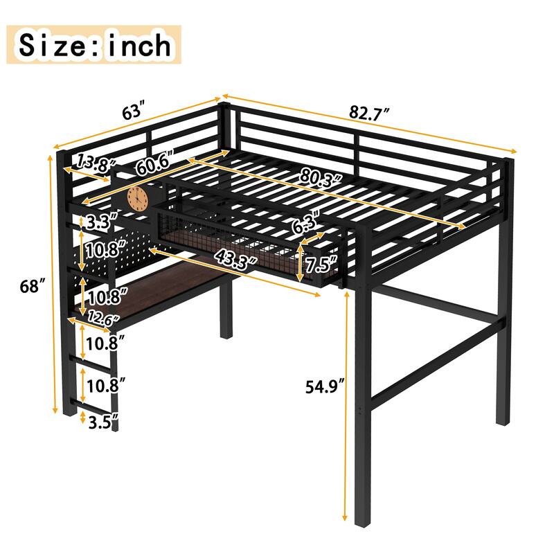 Queen Metal Loft Bed with Desk, Pegboard, Storage Basket, Clock, USB Charging Port & Space-Saving Workstation
