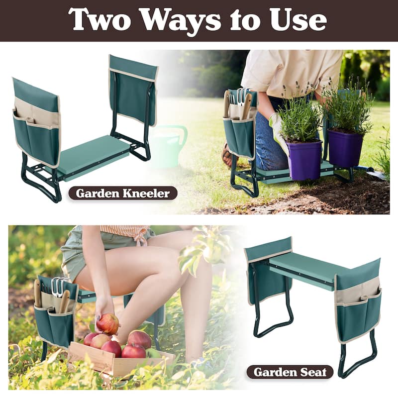 Garden Kneeler and Seat - Kneeling Pad Garden Stool with Tool Pouches by Pure Garden (Green)