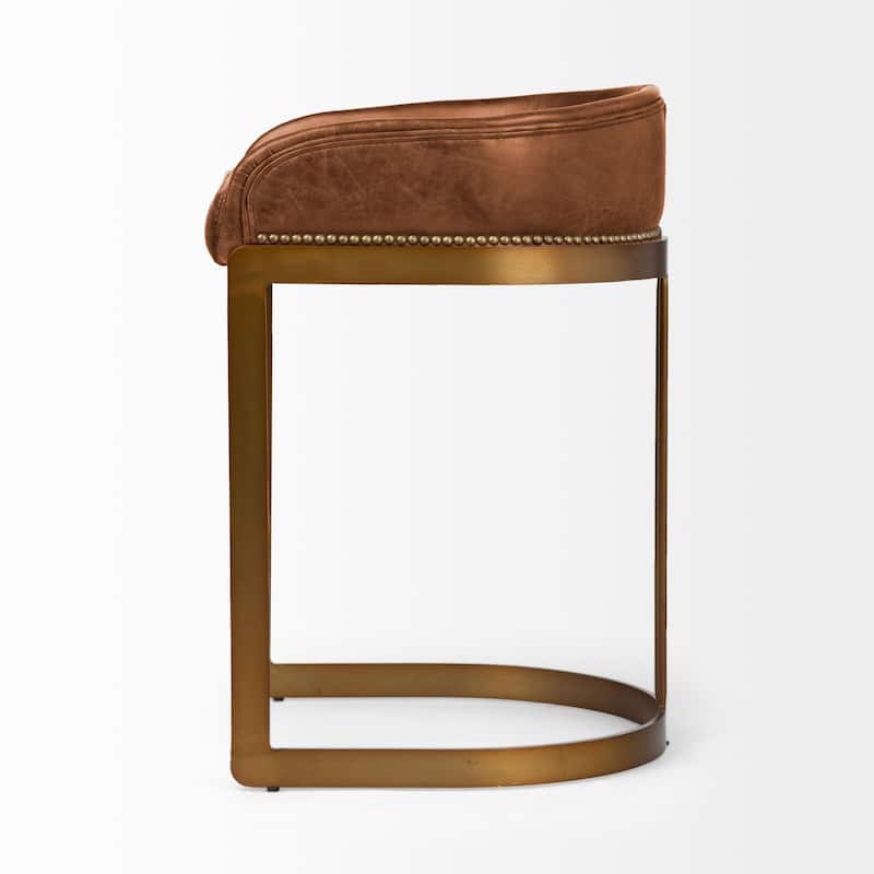 Hollyfield Medium Brown Genuine Leather Seat with Gold Metal Frame Counter Stool - 29.0