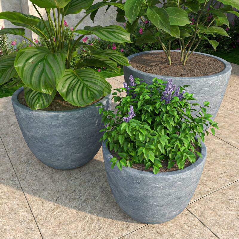 Dahlia 3-Piece Modern Round Planter Set, Durable Fiberstone & Clay Pots for Indoor & Outdoor Plants