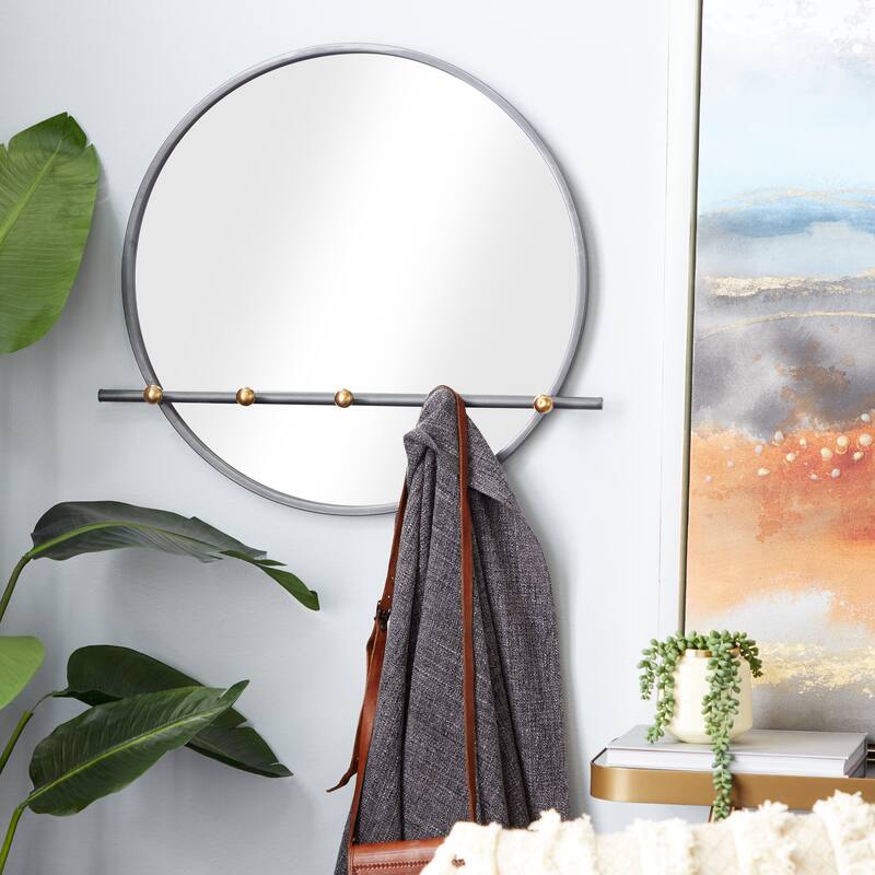 Silver Wood 5 Hooks Wall Mirror - 26 x 3 x 24Round