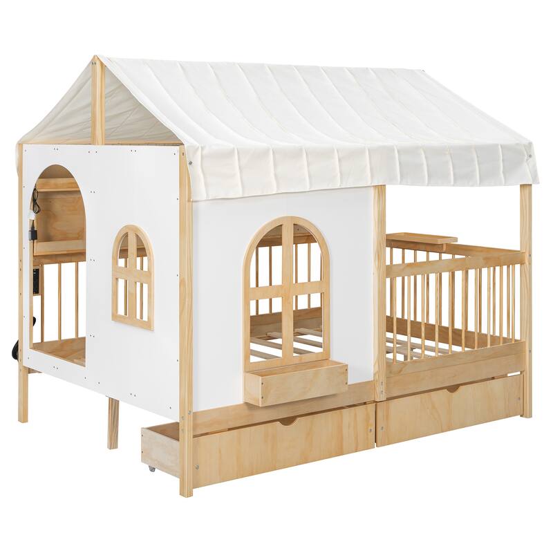 Full Size House Bed with 2 Large Drawers, Side Bookshelf with LED Strip