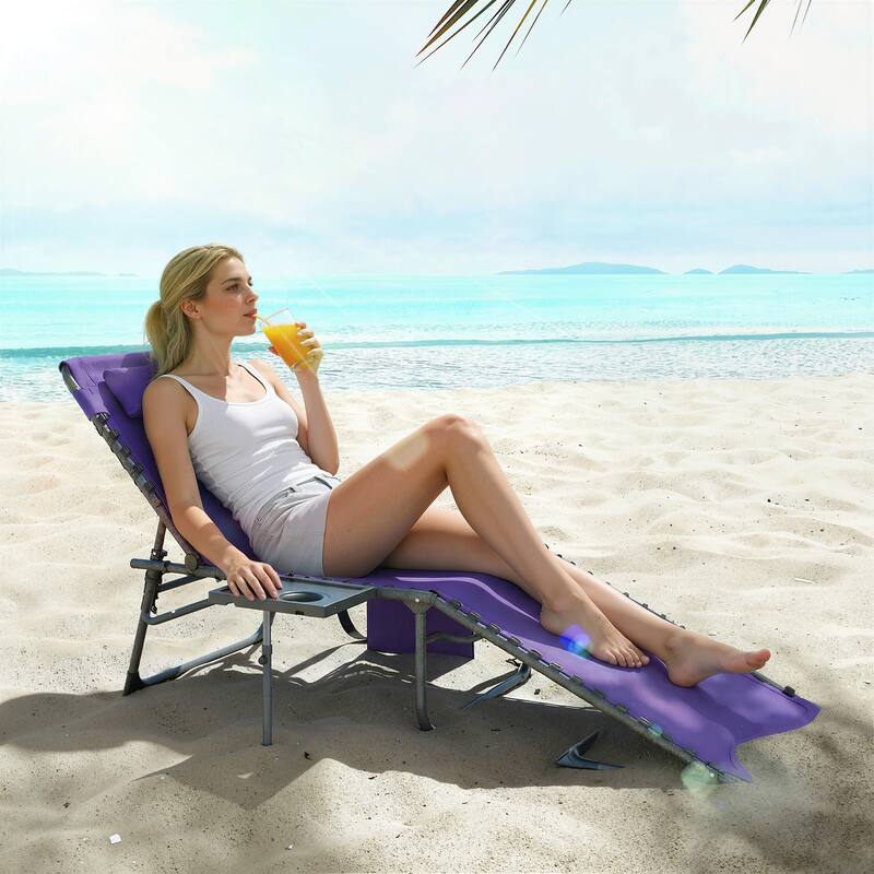 Outsunny Folding Chaise Lounge Chair Outdoor Tanning Chair with Side Table, 5-Level Adjustable Beach Lounge Chair with Headrest