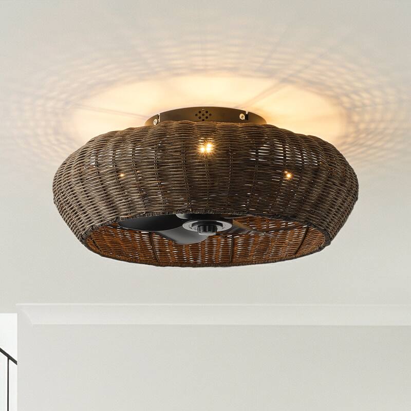 20-inch Boho Distressed Black Chandelier Flush Mount Ceiling Fan with Remote and Hand-Woven Rattan Shade - 19.7" W x 7.08" H