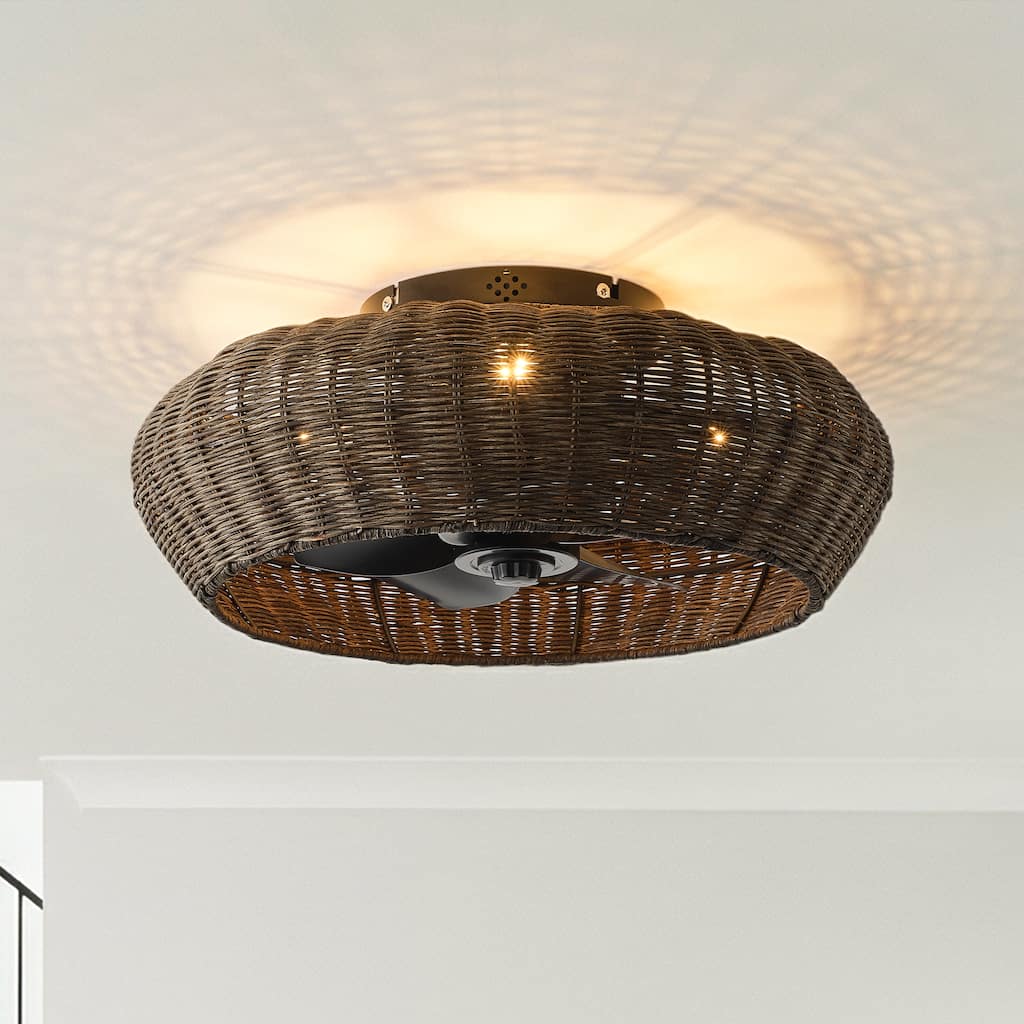 20-inch Boho Distressed Black Chandelier Flush Mount Ceiling Fan with Remote and Hand-Woven Rattan Shade - 19.7" W x 7.08" H