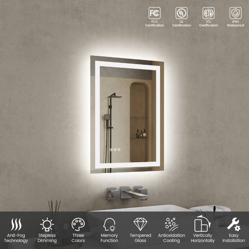 Silver Aluminum LED Vanity Mirror with Anti-Fog, Dimming and 3 Light Modes - 20" W x28" H