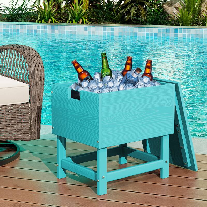 Outdoor Patio Weather Resistant HDPE Coffee & Side Table, Build-in Stainless Steel Cooler Bucket