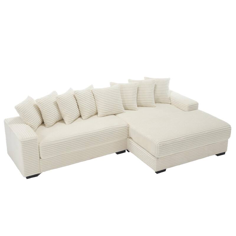 111" Corduroy Upholstered L-Shaped Sectional Sofa with Oversized Chaise Longue and 8 Throw Pillows