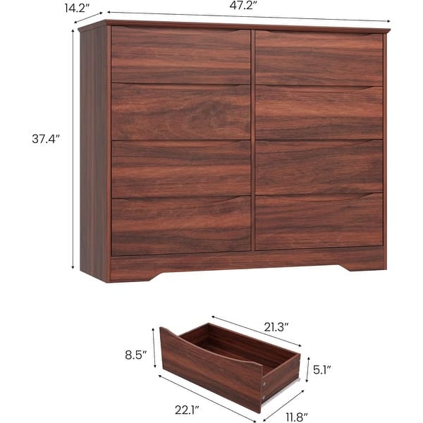 dimension image slide 3 of 4, Tall Modern Wooden Dresser with 8 Drawers, Deep Storage, Large Chest of Drawers with Wide Top