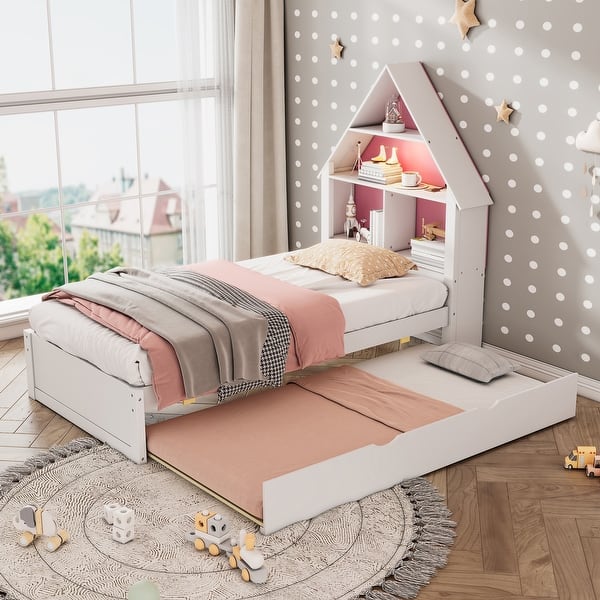 slide 2 of 9, Twin Size House-Shaped Bed with Bookcase Headboard and Led Light Wood Platform Bed Frame with Twin Trundle for Kids Boys Girls White+Pink - Twin
