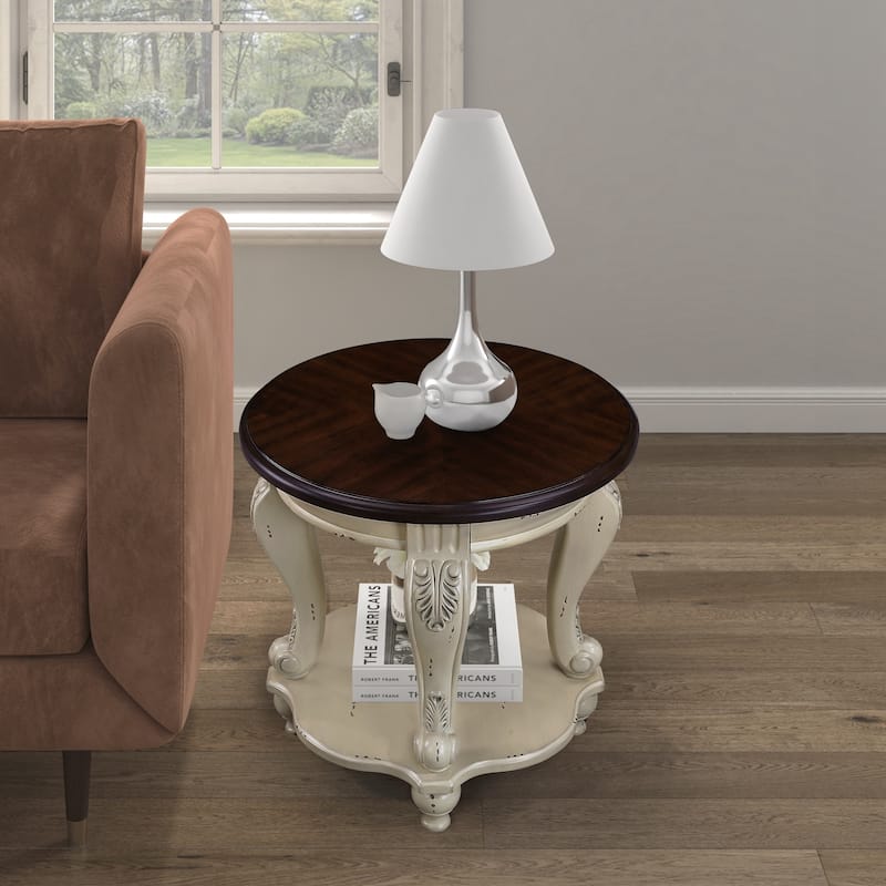 Round End Table,Solid Wood Sofa Side Table with Shelf,Living Room Corner Table Easy Assemble - Beige