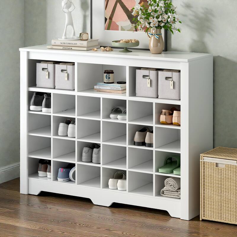 Modern 24 Cubby Shoe Cabinet, Sleek Shoe Storage Console with Curved Base for Entryway Hallway