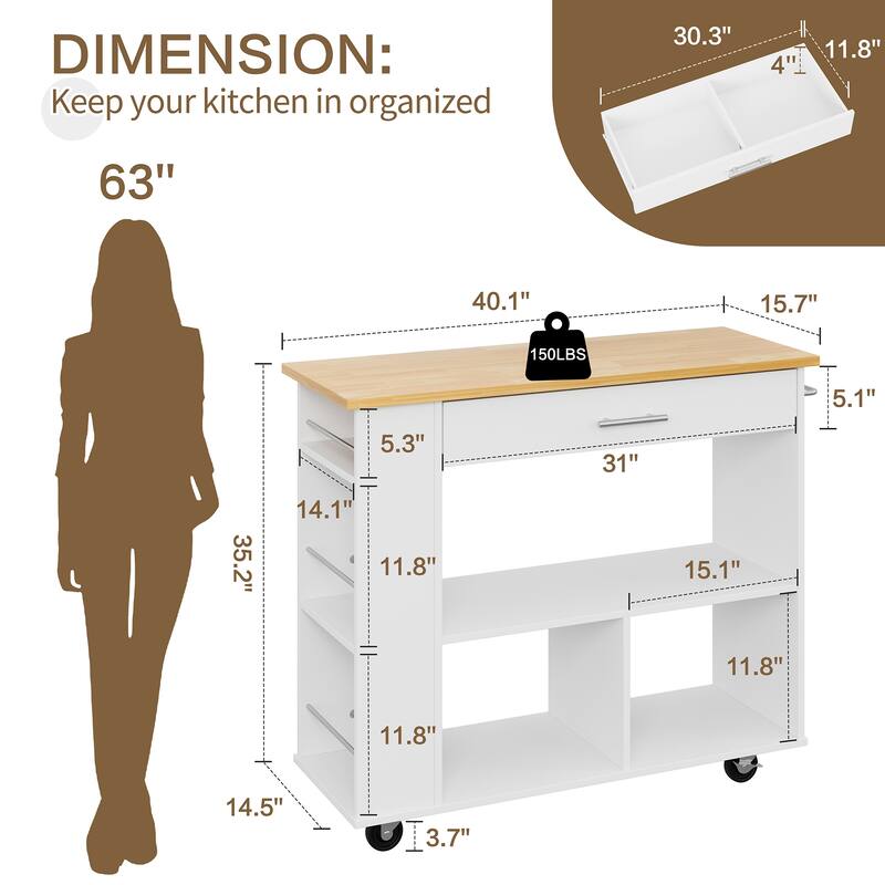 Kitchen Island with Towel Rack – Mobile Cart with Rubber Wood Top, Easy-Glide Storage
