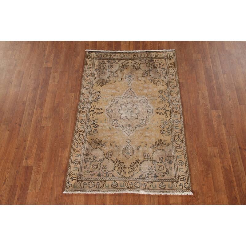 Hand Knotted Oriental 100% Wool Carpet Traditional Floral Yellow & Gold Tabriz Area Rug - 4' 8'' X 3' 1''