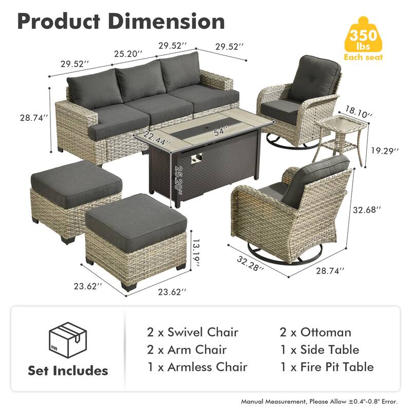 OVIOS 9 Pieces T shaped Seat Curved Swivel Chair Set With Fire Pit