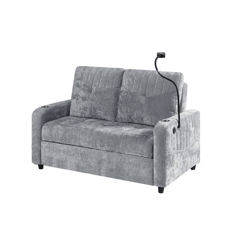 Chenille Loveseat Convertible Pull-out Sleeper Sofa Bed, Tufted Couch w2 Cup Holders Phone Holder & 3 USB Ports, Pockets
