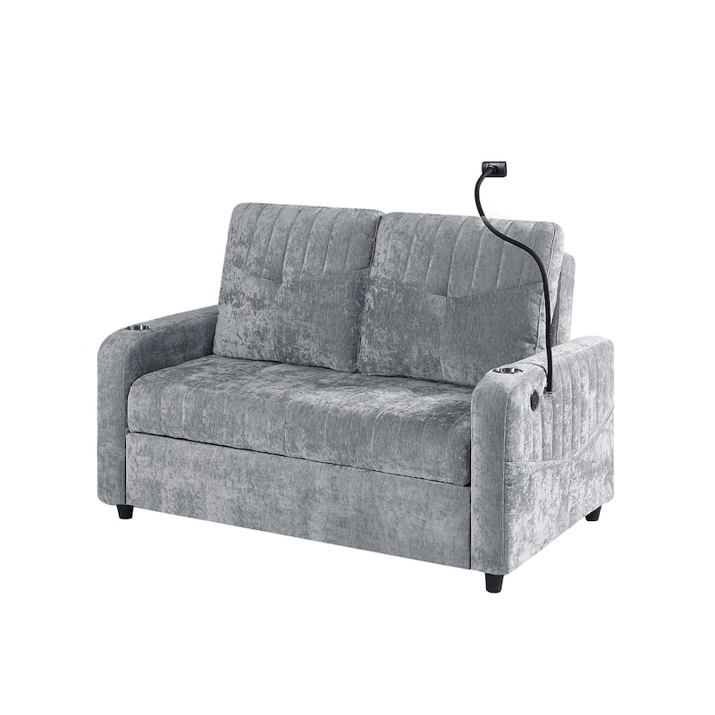 Multi-Functional Sleeper Sofa Pull-Out Loveseat with USB Charging, Sofa Bed with Adjustable Backrest and Storage Pockets