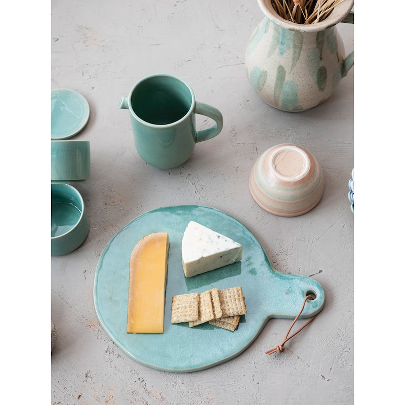 Stoneware Cheese Board with Leather Tie - 13.8"L x 10.8"W x 0.4"H