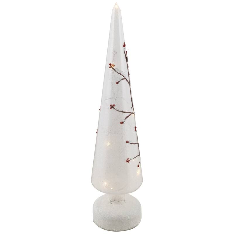 LED Lighted Birds on Branches Frosted Glass Cone Christmas TreeDecoration - 16"