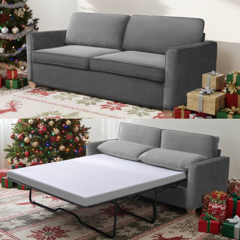 Mixoy Modern Pull Out Sofa Bed,Velvet Sleeper Loveseat Couch Bed - Queen - Light Grey
