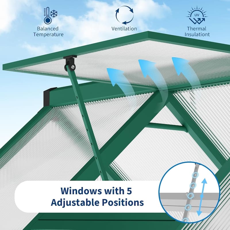 8 x 10 ft Greenhouse, Polycarbonate Walk-in Greenhouse with Aluminum Frame, Adjustable Roof Vent and Lockable Door, Green