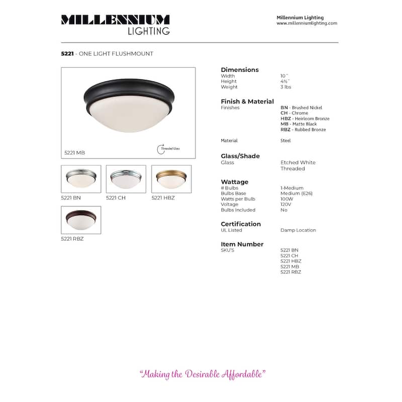 Millennium Lighting Metal 1 Light Flushmount Ceiling Light