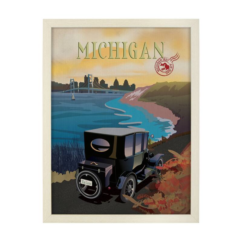 Michigan Go USA by Mercana Studio a Hand Embellished Framed Art Print Series - 33 x 43 - Brown