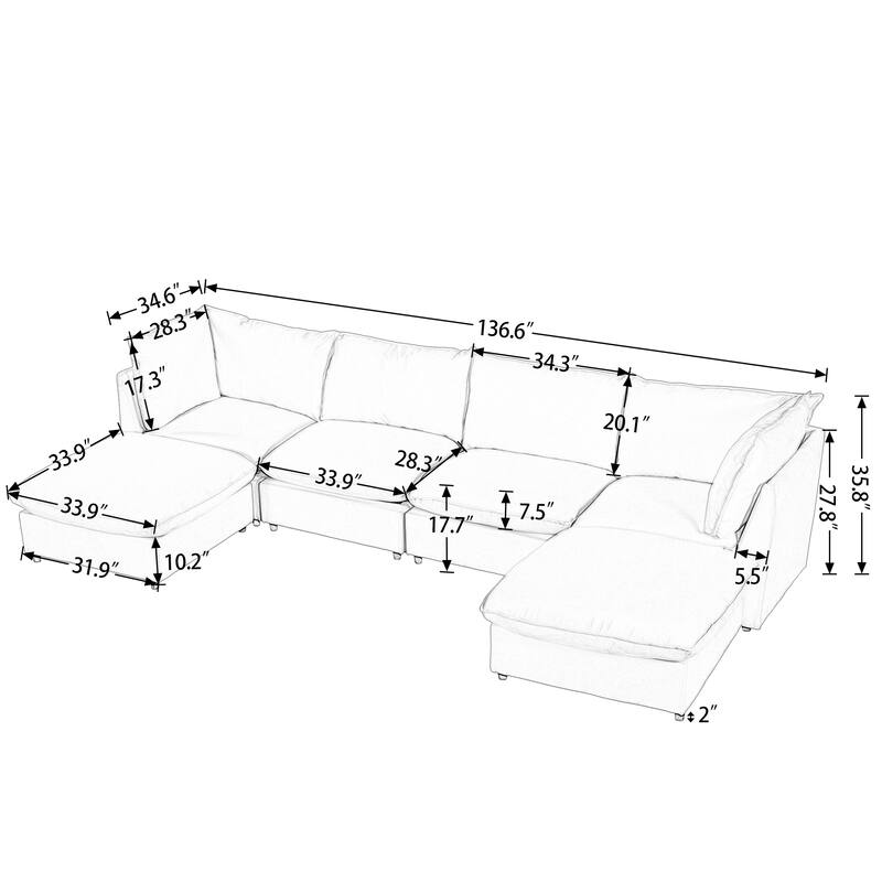 Modern Large U-Shape Sectional Sofa, 2 Large Chaise with Removable Ottomans