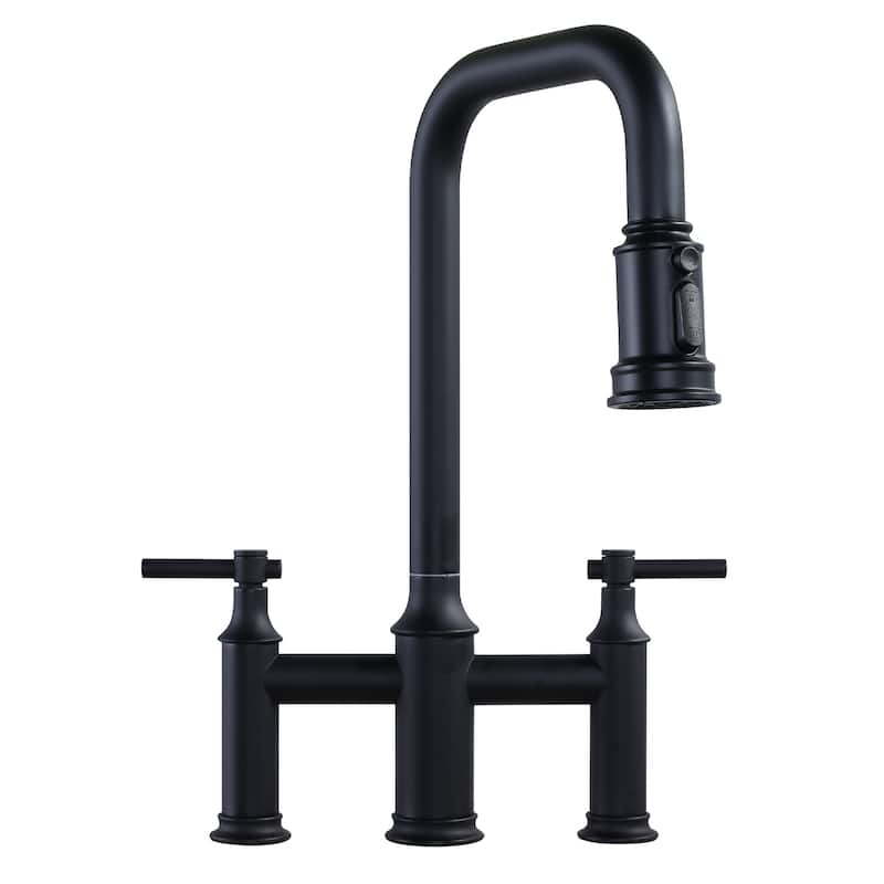 WOWOW Double Handle Bridge Kitchen Faucet with Advanced Spray - Matte Black