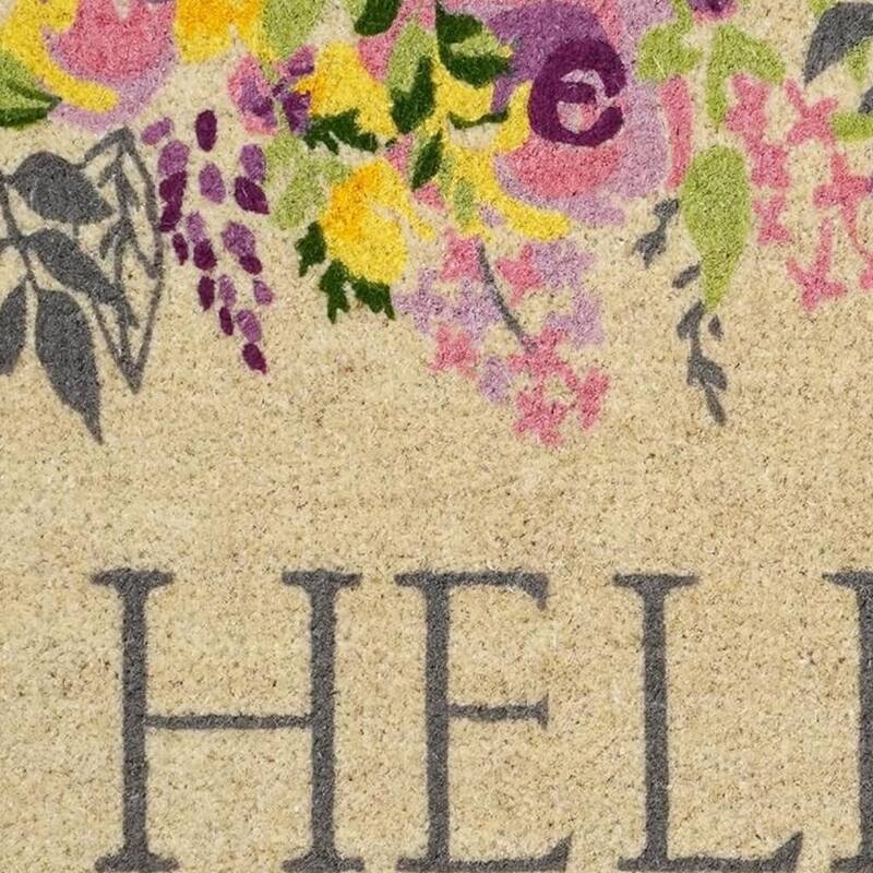 HomeRoots 18" X 30" Brown Gray And Purple Floral Hello Outdoor Coir Door Mat - 18.00' X '30.00