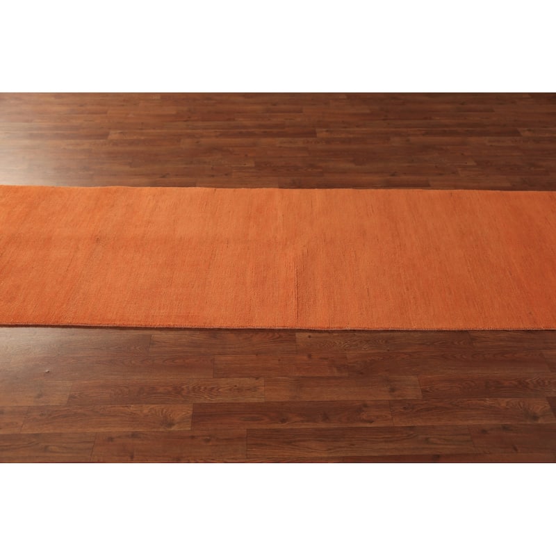 Orange Modern Gabbeh Runner Rug Hand-Knotted Solid Wool Carpet - 2'6" x 9'8"