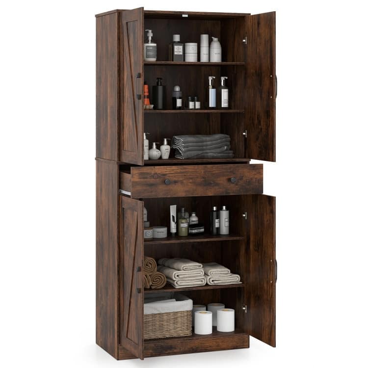 Farmhouse Pantry Cabinet with Barn Doors Tall Kitchen Storage Organizer with Adjustable Shelves