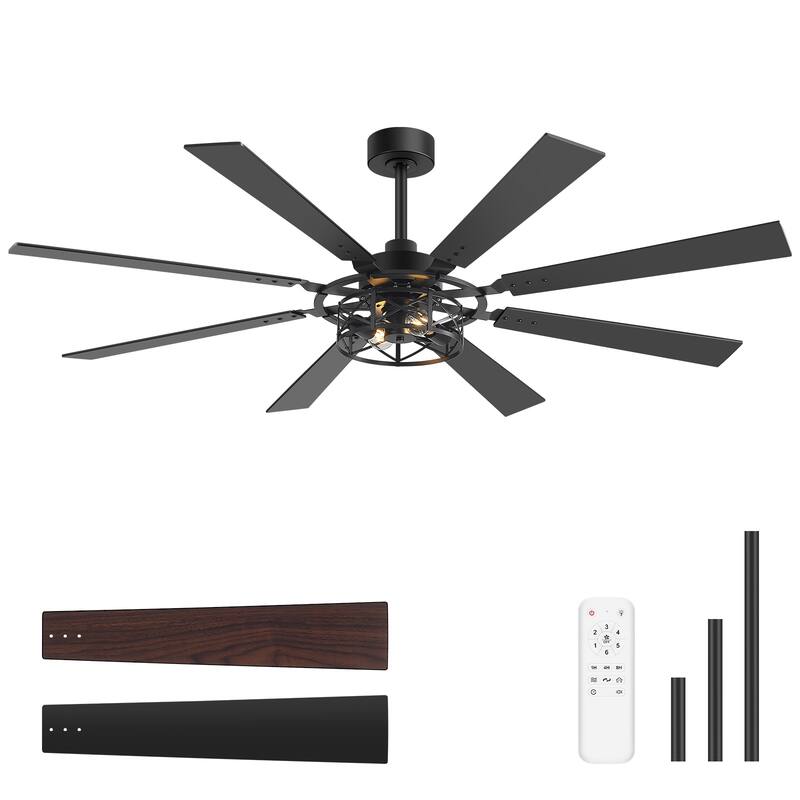 52"/65" Industrial Reversible Wood 5/8-Blade Cage Ceiling Fan with Light Kit and Remote