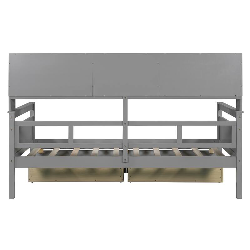 Twin/Full Size Daybed, Solid Wood Platform Sofa Bed Frame with Built In Bookshelves and Two Drawers