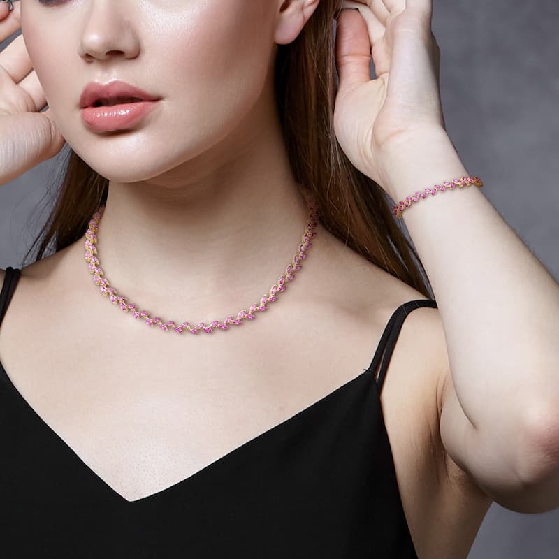 Miadora 41 1/2ct TGW Created Pink Sapphire Leaf Necklace and Bracelet Set Yellow Plated Sterling Silver
