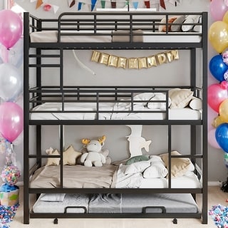 Modern Design Twin Size Metal Triple Bunk Bed With Trundle,Featuring Full-Length Guardrail,Space-Saving,Antique Black