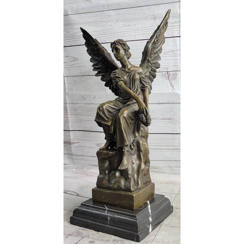 Bronze Statue Of Seated Angel Holding Wreath Sculpture On Marble Base 17 Inches X 9 Inches