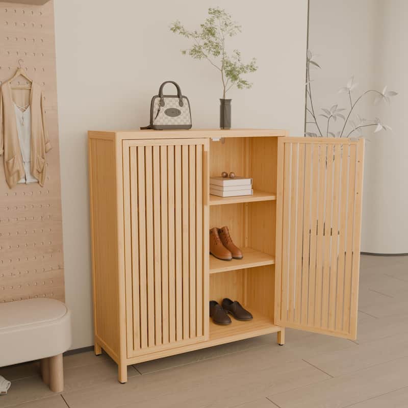 Narrow Freestanding Accent Cabinet Bathroom High Cabinet, Bamboo Storage Cabinet with Doors and Open Shelves