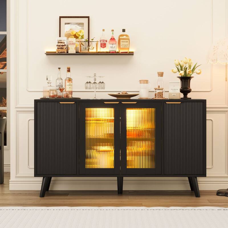 Fluted LED Sideboard Buffet Cabinet with Glass Doors, Modern Credenza Storage for Living Room, Kitchen & Entryway