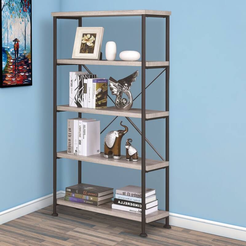 Sophisticated Wood and Metal Open Bookcase, Gray - 63 H x 14.25 W x 31.5 L Inches