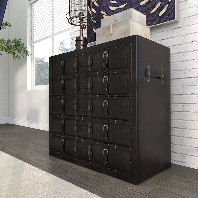 Black Wooden Vintage Faux Leather Room Chest with Buckles and Straps Detailing