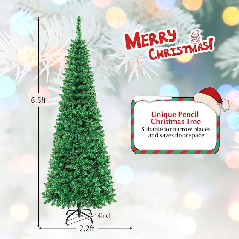 Gymax 6.5ft Pre-Lit Pencil Christmas Tree Hinged PVC Tree w/ 250